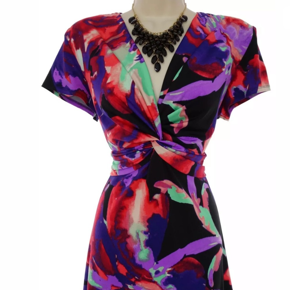 14 Large XL▪️WATERCOLOR FLORAL TWIST/KNOT DRESS - Picture 2 of 3
